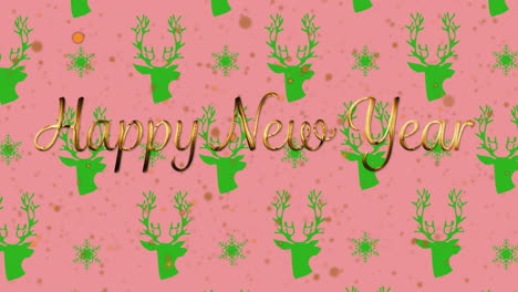 animation of happy new year text over christmas reindeer pattern on pink background