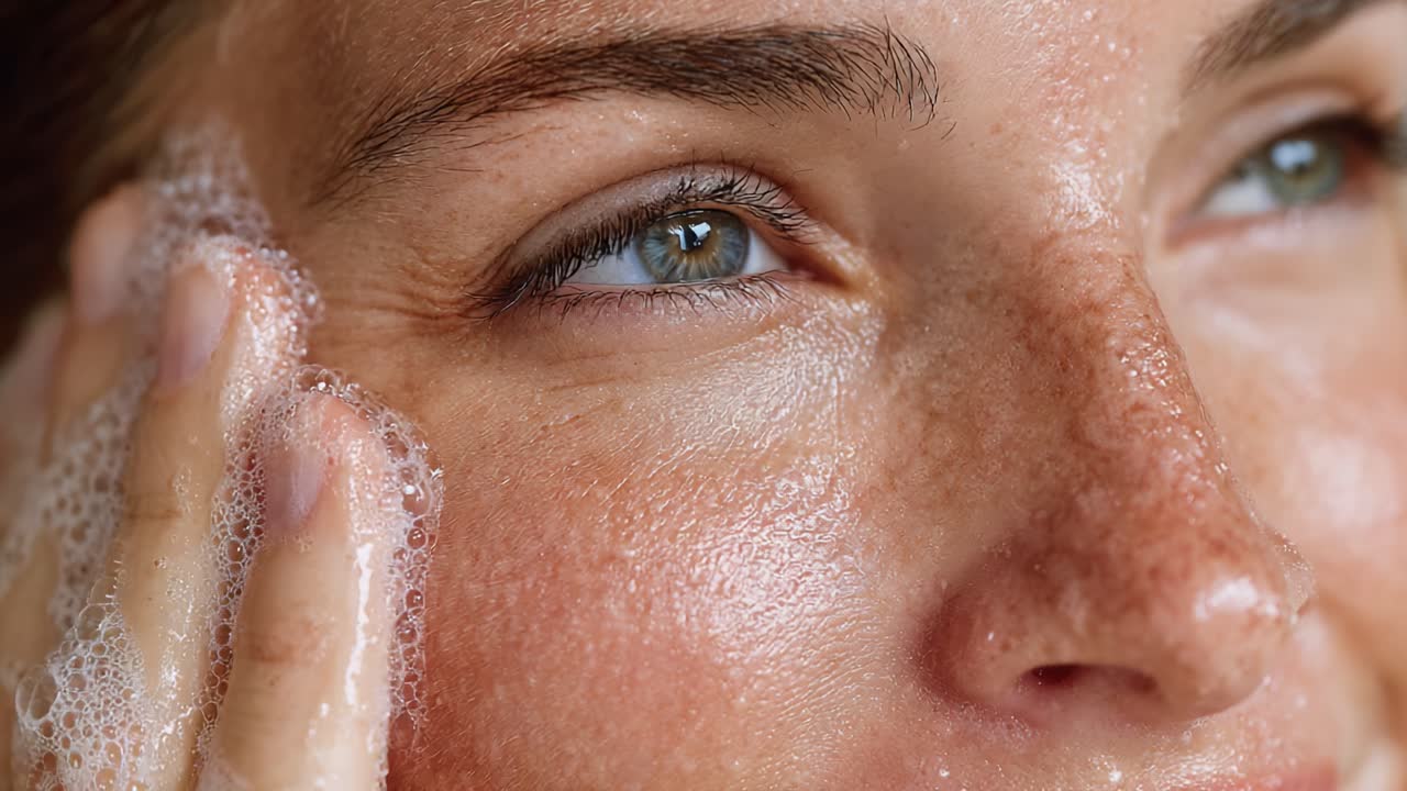 Close-Up of Woman Cleansing Face with Gentle Foam: Emphasizing Skincare Routine and Glowing Complexion through Daily Cleansing Practices