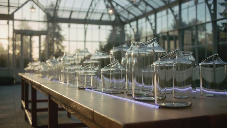 Panning camera revealing clear glass jar row shifting focus on table with purple LED in greenhouse