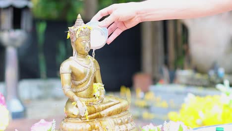 sequential pouring of water over a golden buddha statue