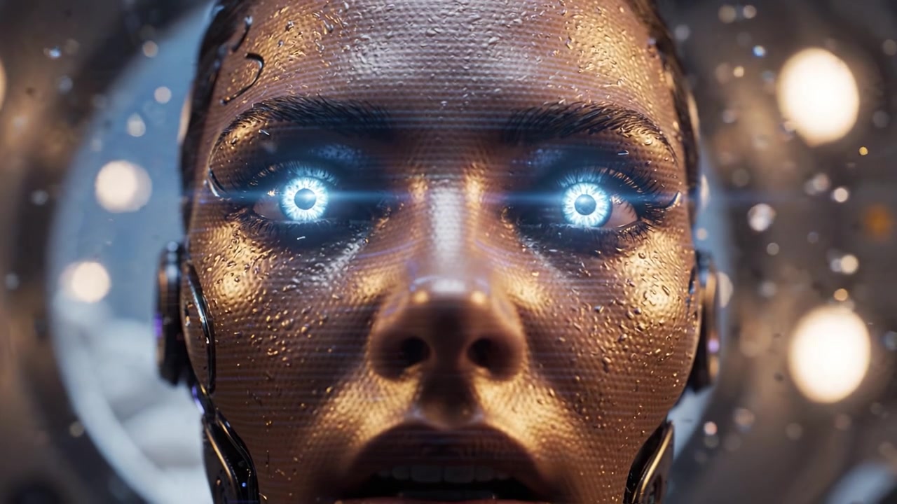 Un robot umanoide futuristico con un volto metallico e occhi vibranti, che mostra robotica avanzata e intelligenza artificiale in un ambiente dettagliato e ad alta tecnologia.