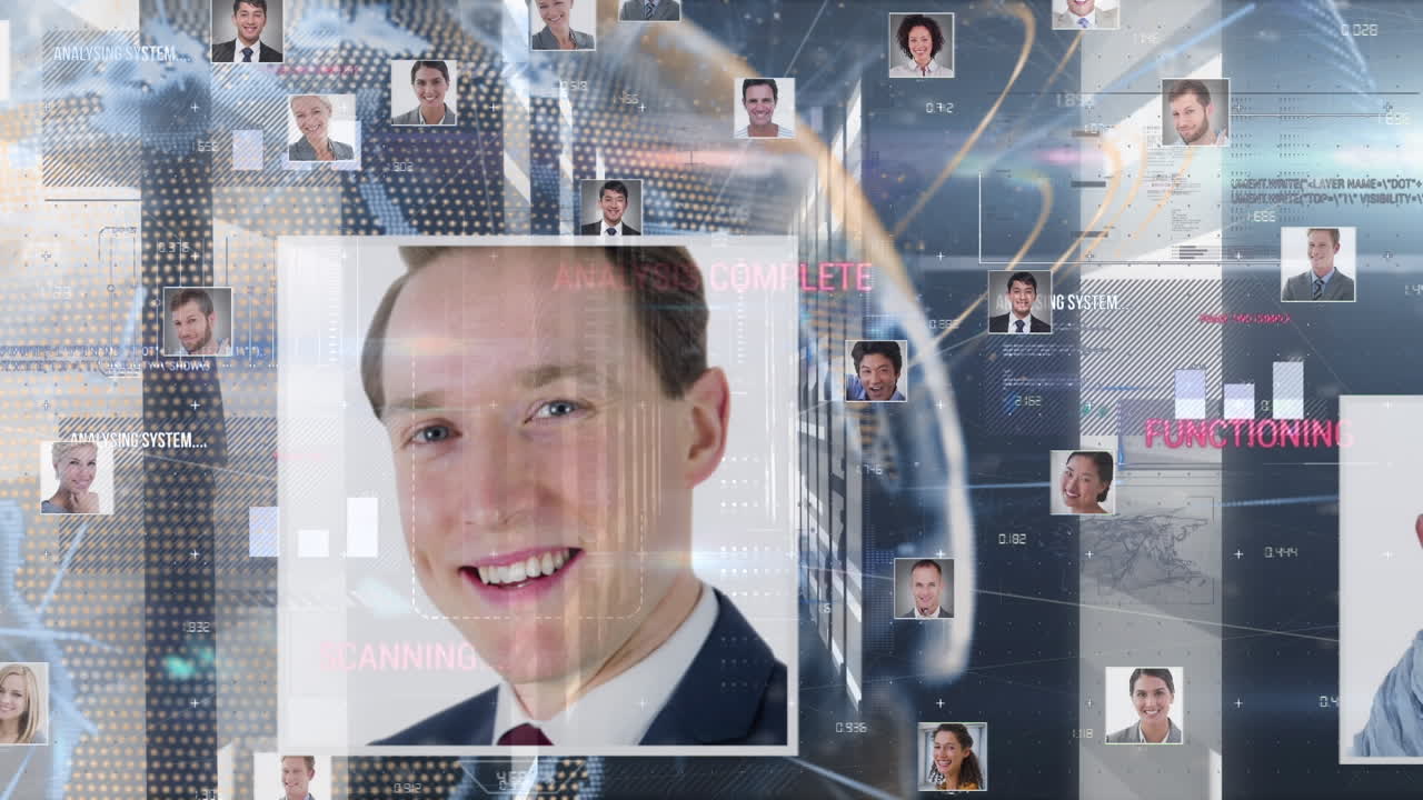 분석 텍스트와 데이터 처리에 회전하는 사람들의 초상화의 글로벌 네트워크의 애니메이션