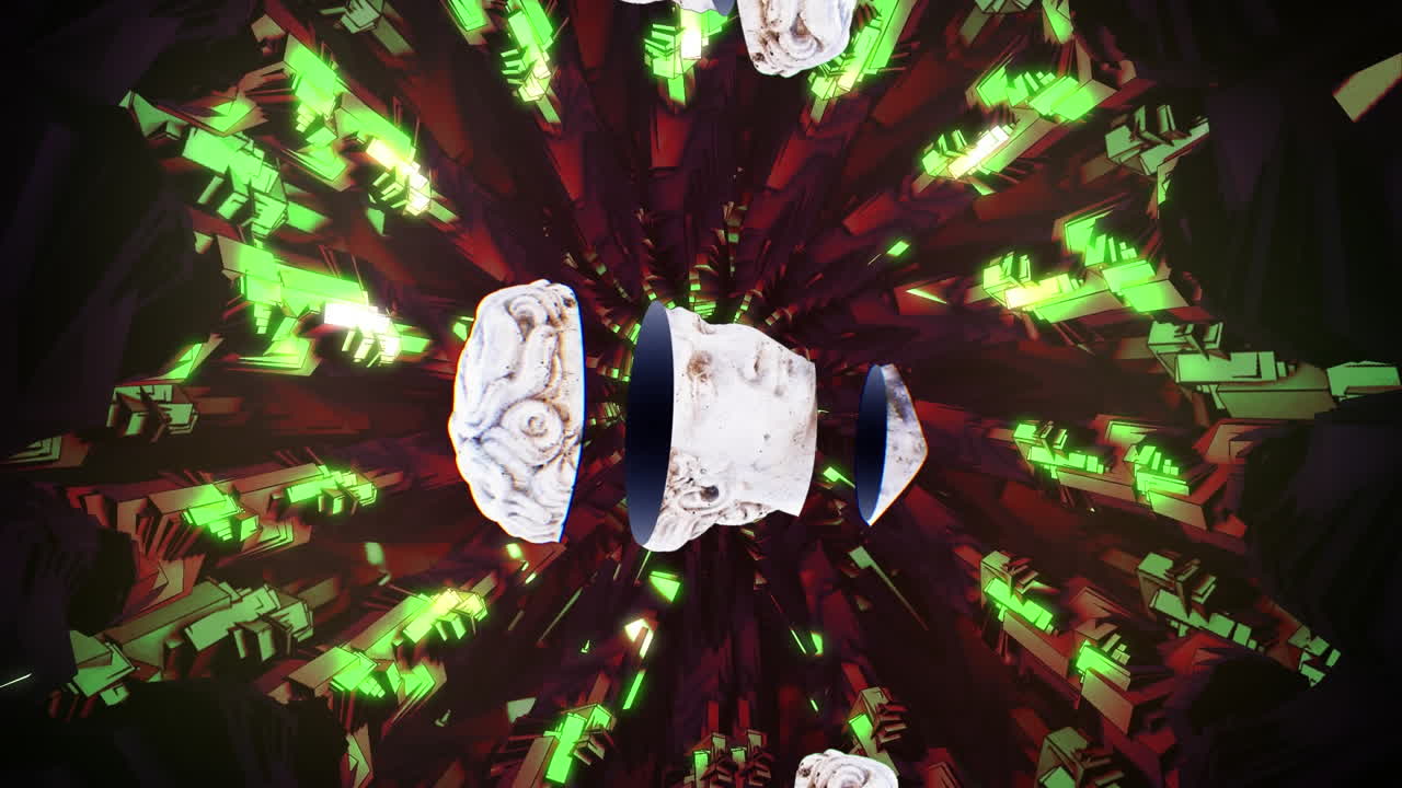 animación de antiguas esculturas de cabezas cortadas sobre el caleidoscopio.