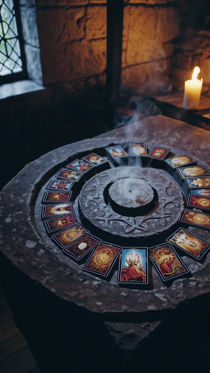 Tarot Cards on a Stone Table in a Medieval Room