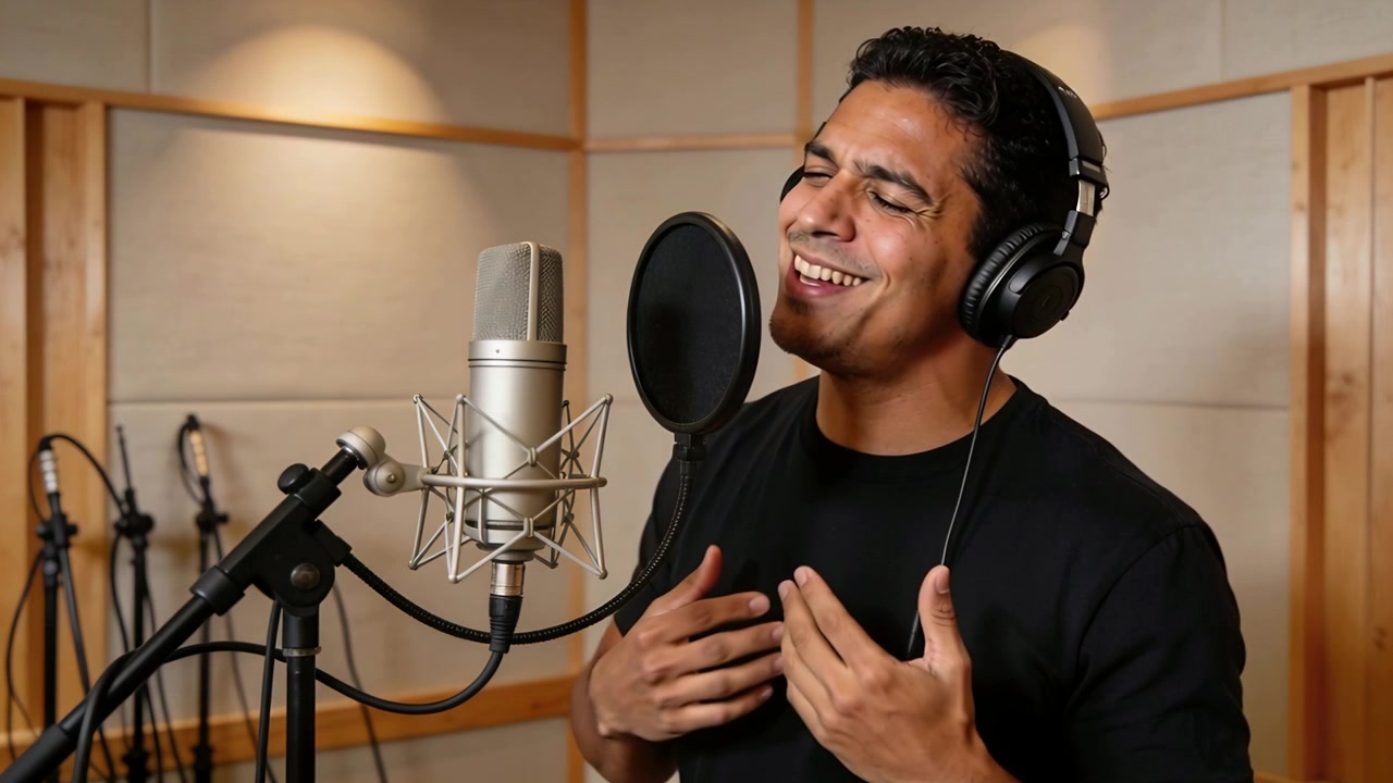 Cantante uomo con una maglietta nera in studio, al segnale di registrazione, che regola le cuffie vicino al microfono.