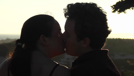 a man and woman kiss and look at the beautiful scenery