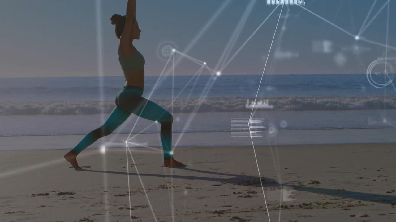 Woman Practicing Yoga on Beach with Digital Data Overlay