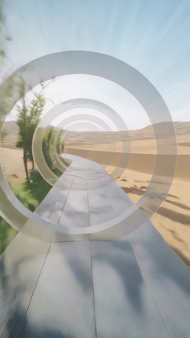Vertical video: Starting camera, paved path rings moving to mimic travel across desert, trees dunes