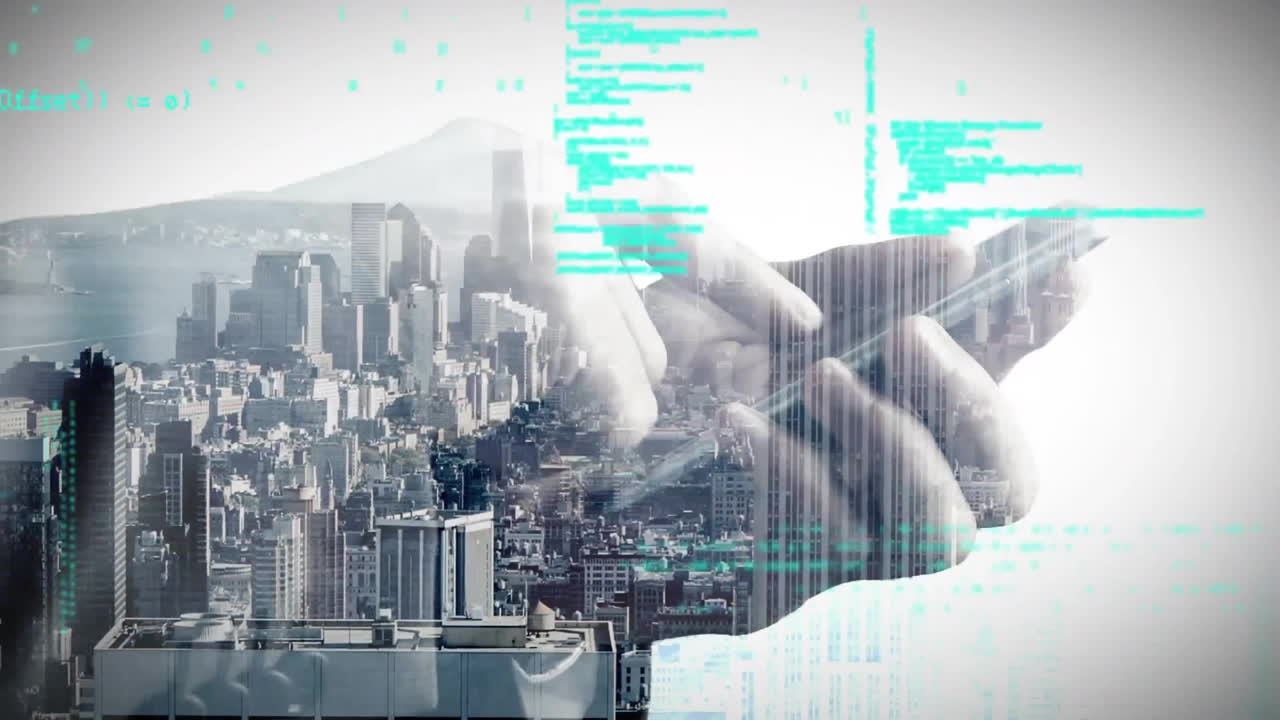 Animation of financial data processing over man using smartphone and city