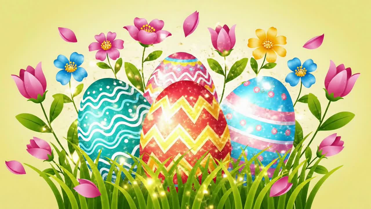 Auguri animati con uova di Pasqua e fiori in fiore