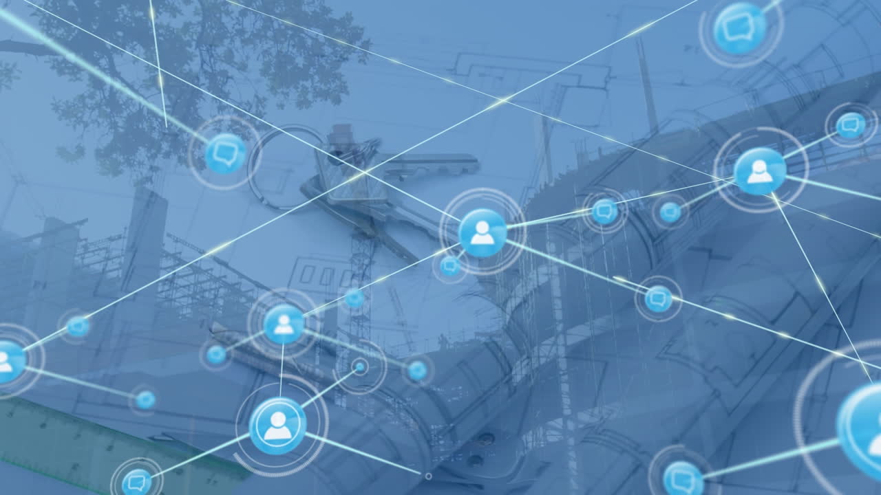 집 열 ⁇ 와 건축가의 도면 위의 아이콘으로 연결 네트워크의 애니메이션