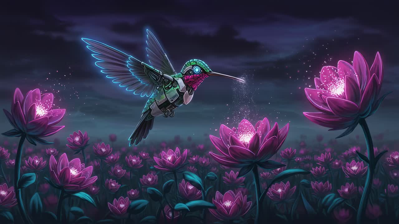 A vividly colorful robotic hummingbird elegantly navigates through a vibrant garden under the moonlight, interacting with luminous flowers that illuminate its path
