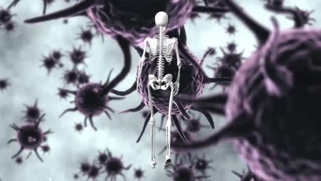 Digital-animation-of-human-skeleton-walking-against-multiple-covid-19-cells-on-blue-background