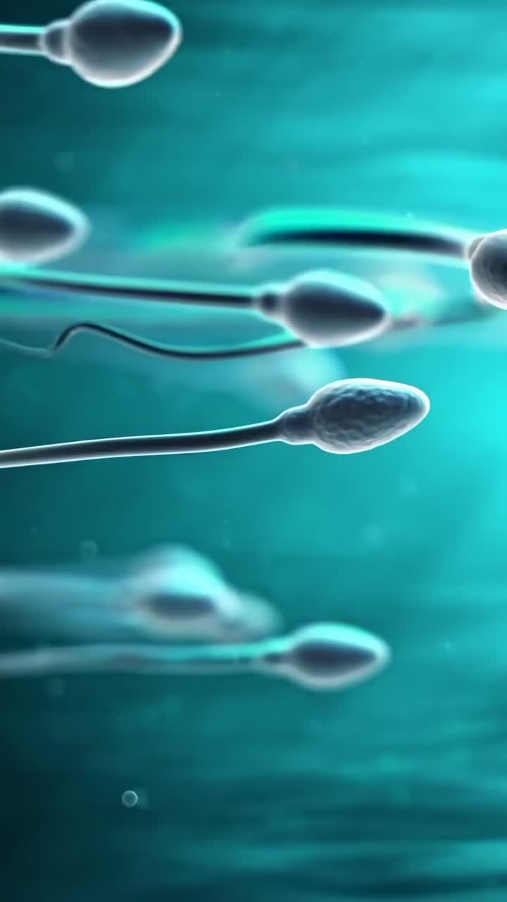 Video ravvicinato di spermatozoi che nuotano, catturato da un'angolazione microscopica in una tonalità verde acqua.