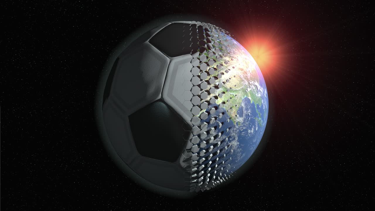 Pallone da calcio che circonda il pianeta Terra mentre ruota nello spazio. Animazione 3D.