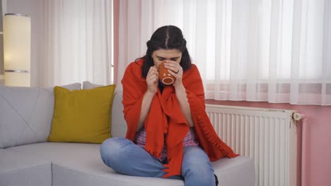 The-woman-who-consumes-a-hot-drink-in-front-of-the-window-touches-the-honeycomb.