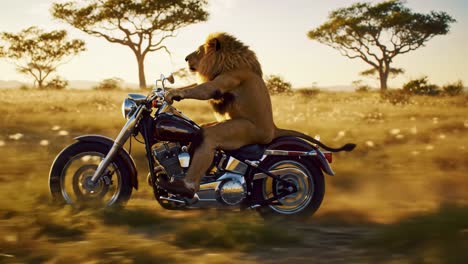 a majestic lion rides a motorcycle across a savannah landscape, showcasing an unexpected blend of wildlife and adventure in a sunlit rural setting, capturing the essence of freedom