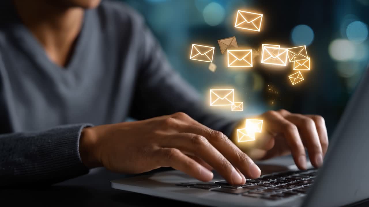 En person, der skriver på en bærbar computer, mens e-mailnotifikationer vises i luften, hvilket demonstrerer fusionen af teknologi og kommunikation i et moderne arbejdsrumsmiljø