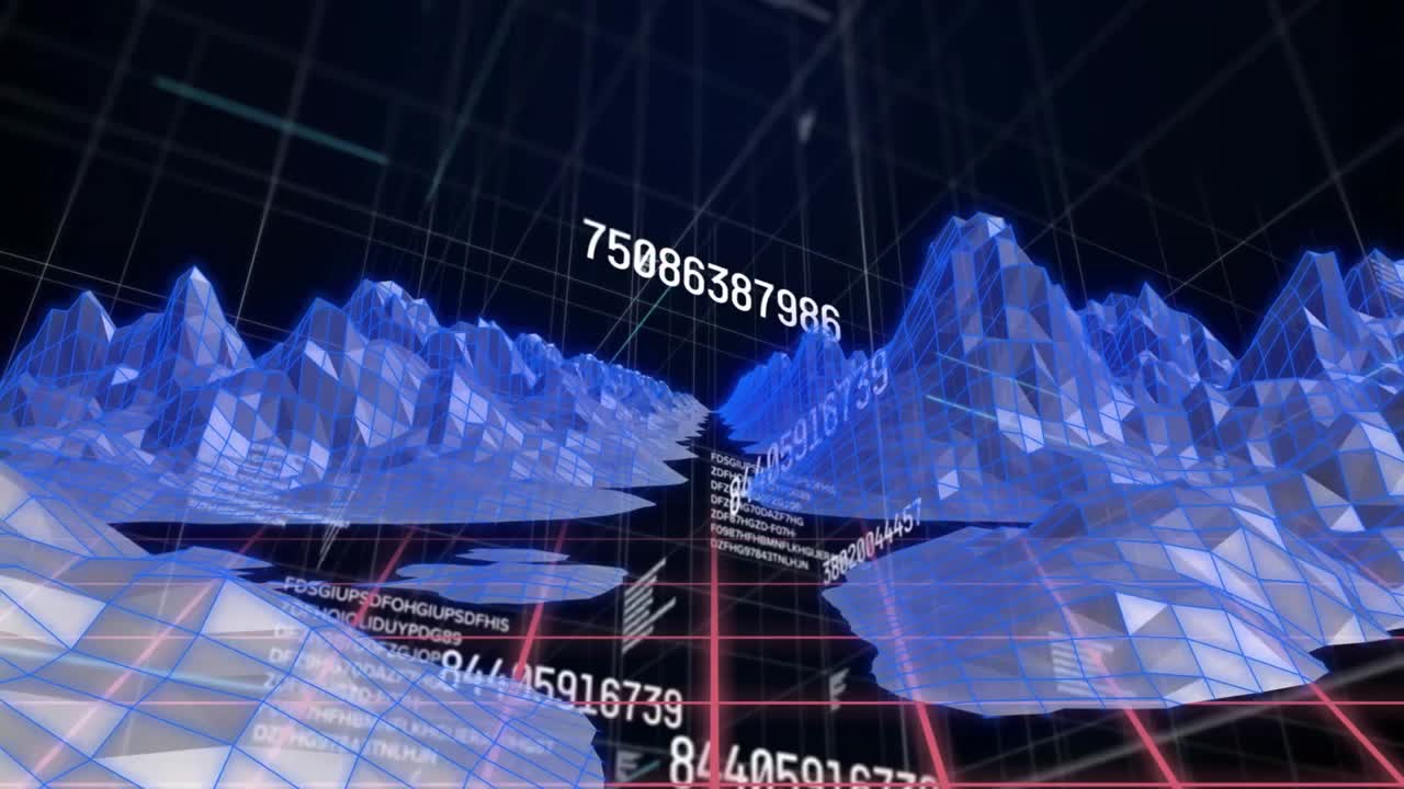 3D digital wireframe terrain showing floating numeric data over red grid floor with blue mesh