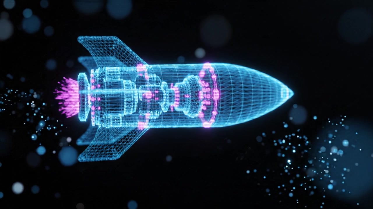 Una splendida rappresentazione visiva di un razzo ad alta tecnologia, che mostra il design intricato e l'ingegneria, illuminato con colori vivaci ed effetti digitali su uno sfondo scuro.