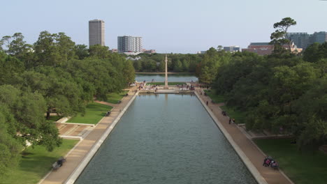 aerial of the reflective pond in houston hermann park