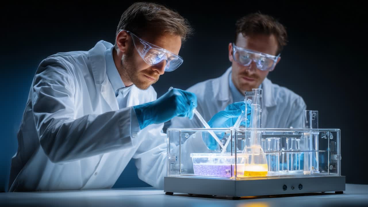 Two Scientists Conducting Chemical Experiments in a Laboratory Setting, Focusing on Precision and Detail while Analyzing Colorful Reactions in Beakers and Flasks
