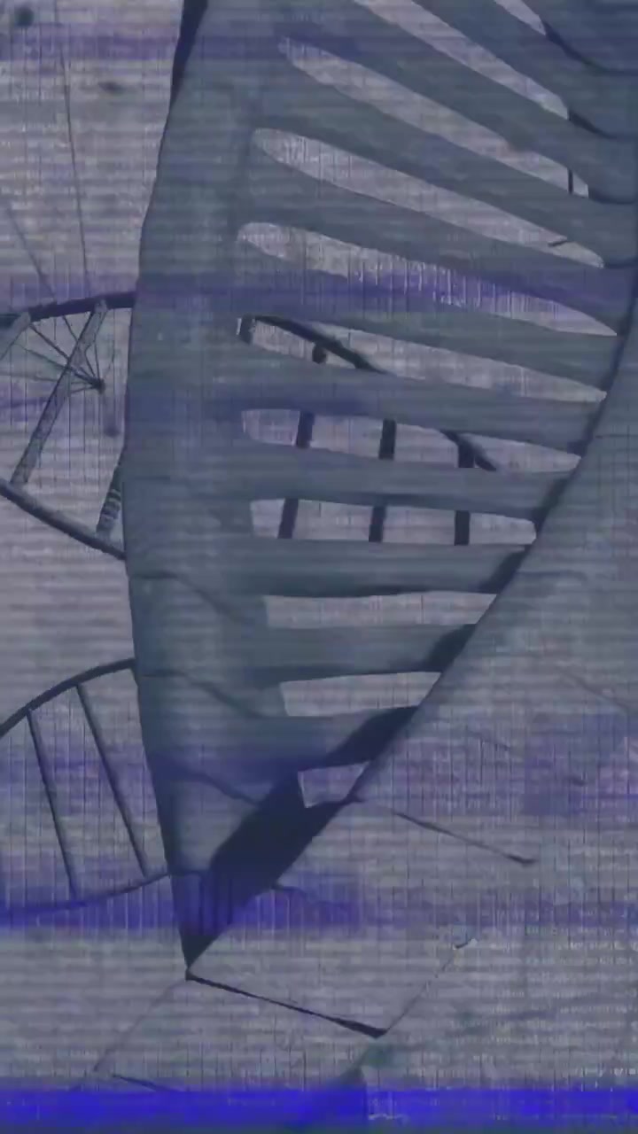 Vertical video: Glitching initiating ribbed helix rotating and tilting, revealing slats for gallery