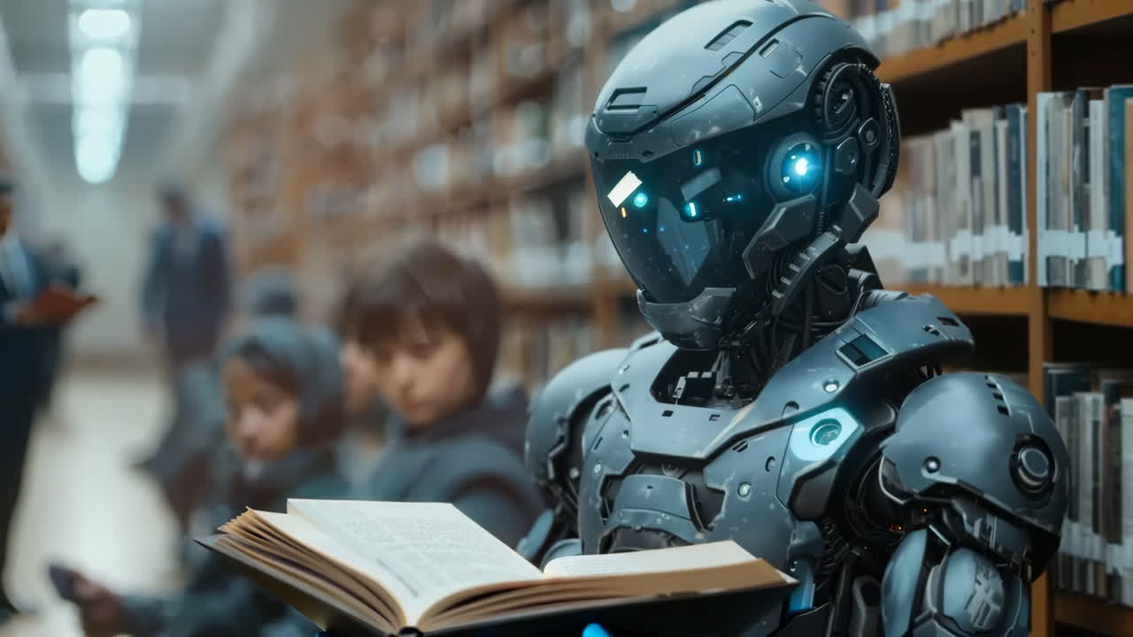 Robot Reading Book in Modern Library With Children Nearby. A robot engrossed in reading a book while children observe in a modern library setting.