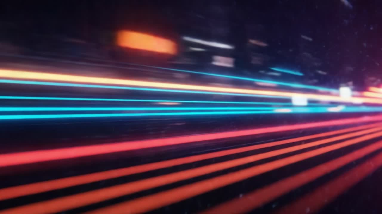 A Dynamic Burst of Colorful Light Trails in Motion, Capturing the Essence of Modern Urban Energy and Speed Through Vibrant Neon Colors and Blurred Lines