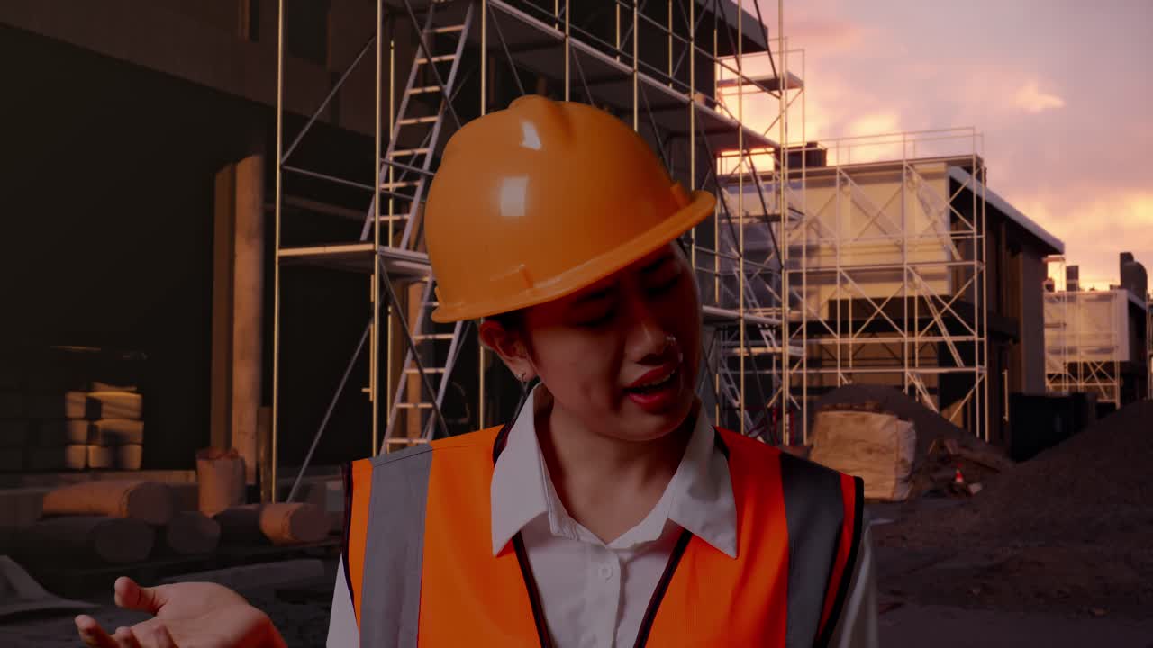 Close Up Of Wondering Asian Female Engineer With Safety Helmet Saying Why Working Doubtfully At Construction Site in Progress to New House