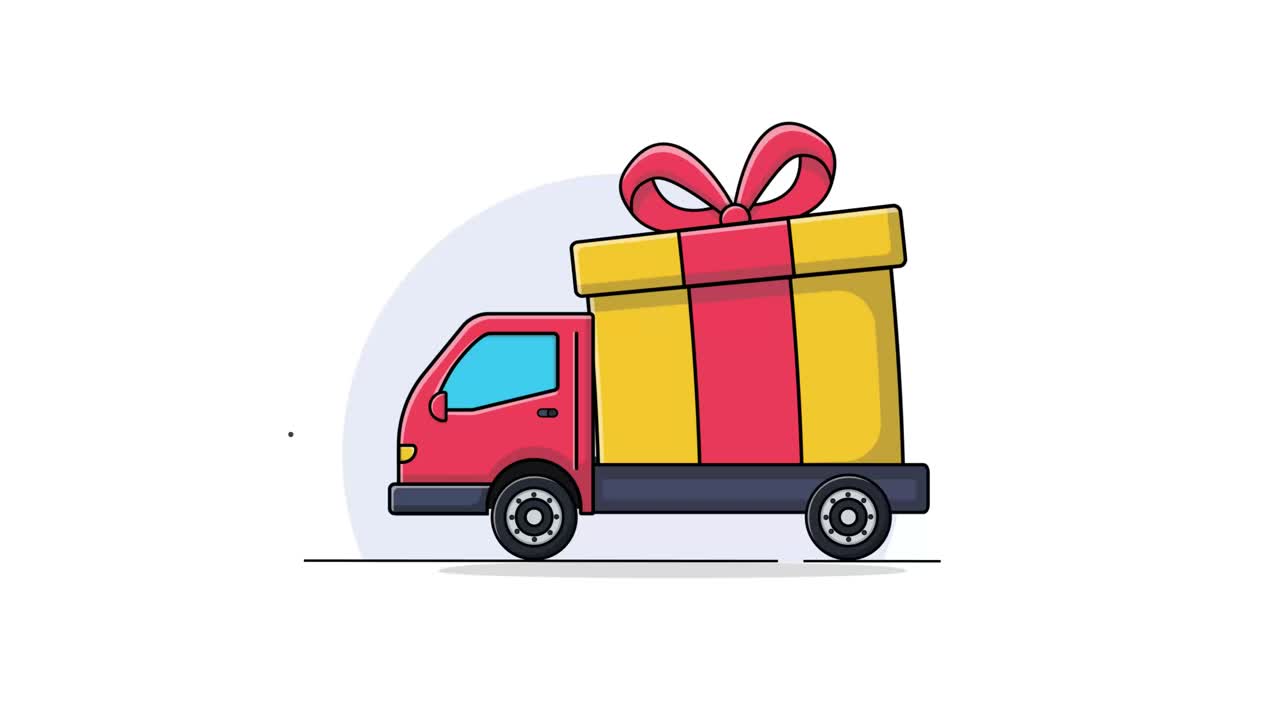 Furgone delle consegne a cartone animato che trasporta una grande scatola regalo