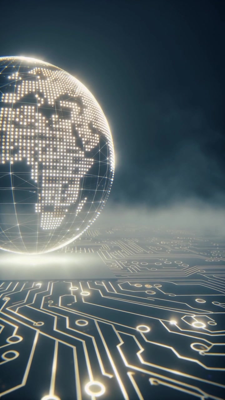 Digital Globe Rotating Above Glowing Circuit Board