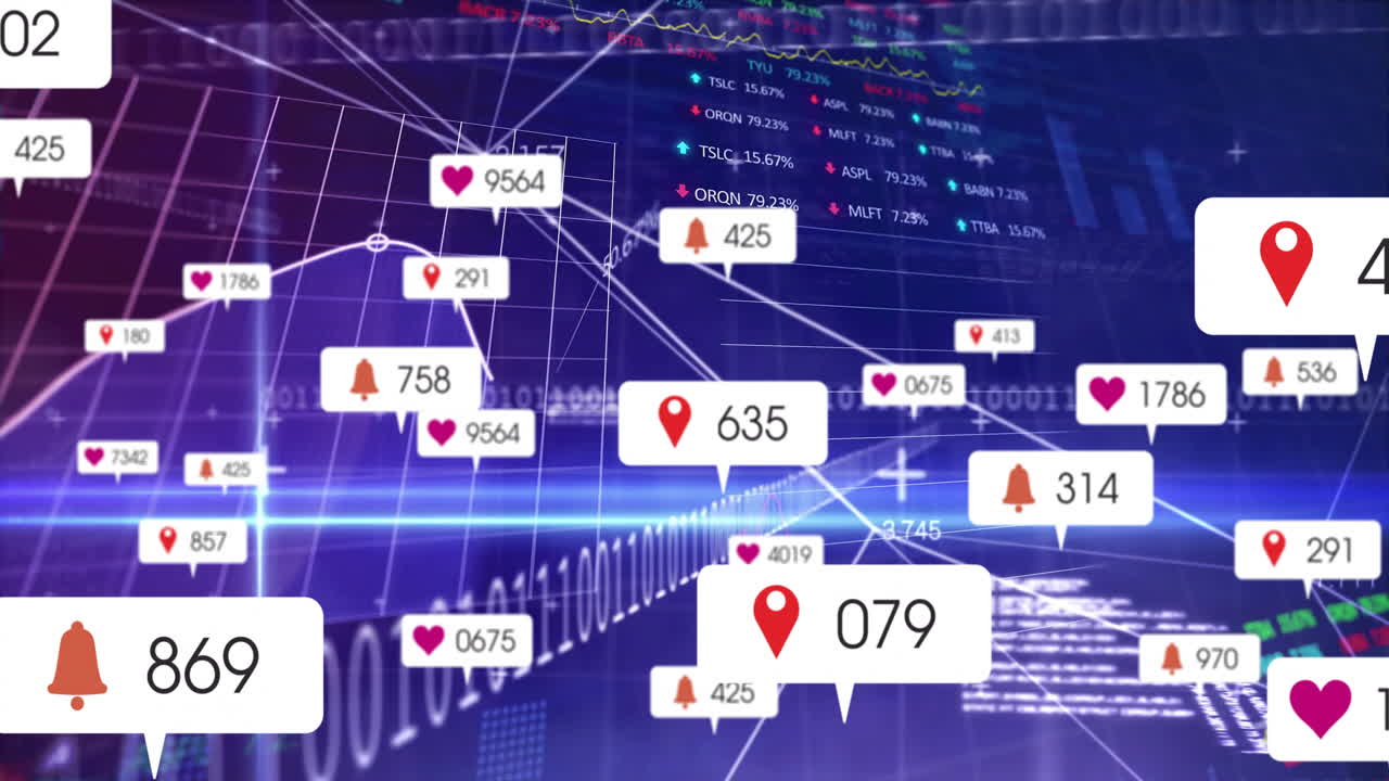 Map pin, heart, bell icons floating across deep gradient 3D dashboard, showing social metrics