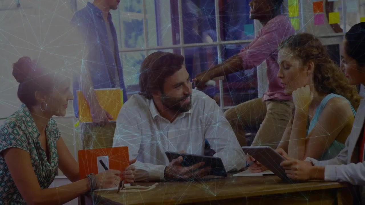 Diverse Professional Team Collaborating in Modern Office with Digital Network Overlay