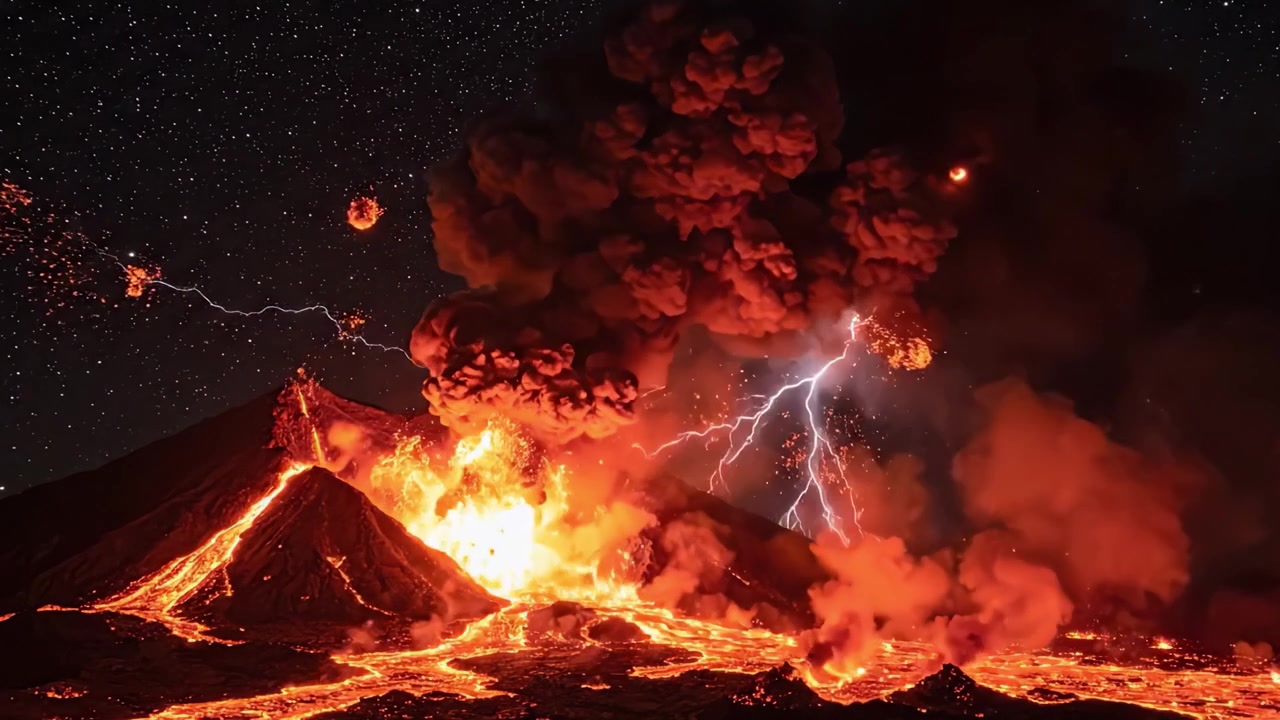 夜間の壮大な火山噴火：側面を流れ落ちる燃えるような溶岩と、暗い空の星に照らされた噴出する火山灰の雲がフレームに捉えられた