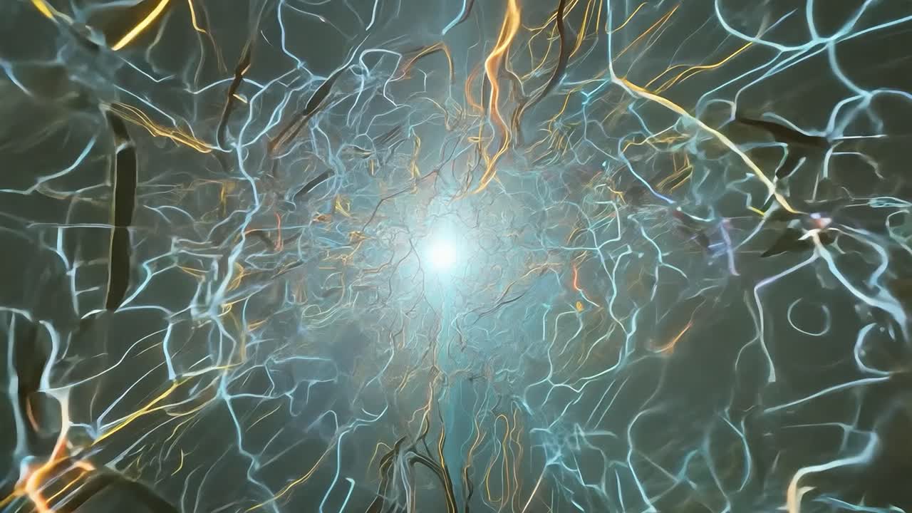 la luz viaja a través de una red orgánica de filamentos, creando una interacción dinámica de energía y conexión.