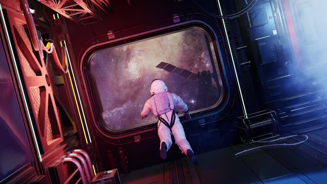 vista trasera del cuerpo completo de un astronauta solo en un corredor espacial futurista observando la tierra y las estrellas. vista de la tierra y el satélite de comunicaciones. animación 3d