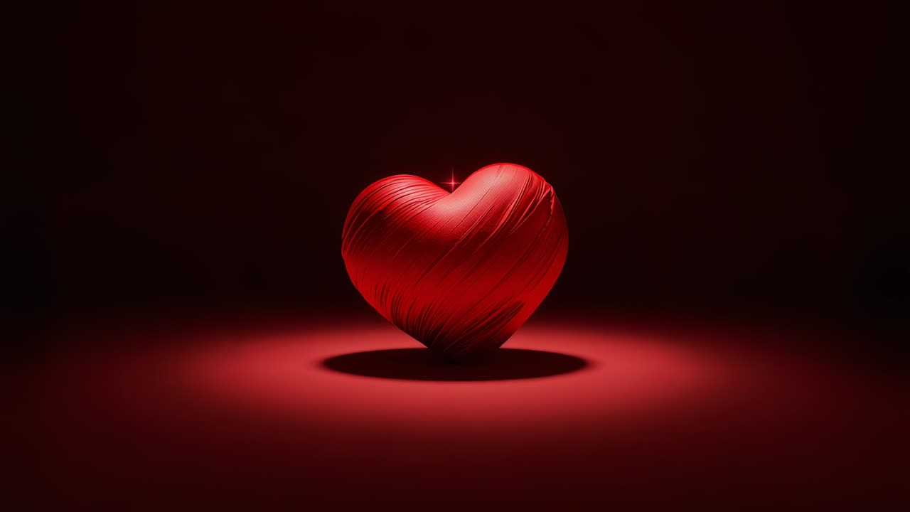 Cuore che ruota sul palco dopo che il riflesso si alza sotto il riflettore rosso, mostrando l'avvolgimento e i riflessi