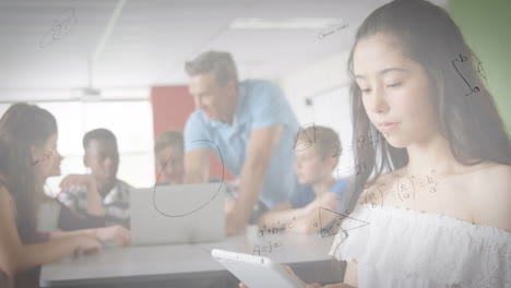 mathematical equations floating against caucasian girl using digital tablet at elementary school