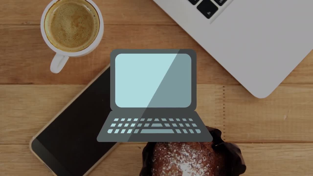 Animazione di icona di laptop su un tavolo da ufficio.