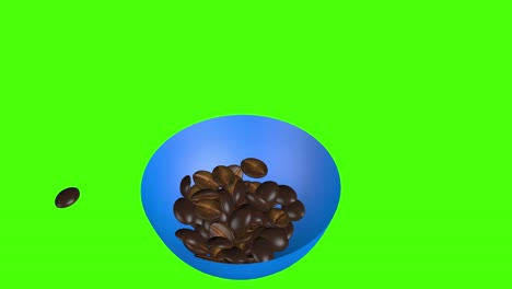 coffee beans falling in the bowl, 3d animation green screen chroma key