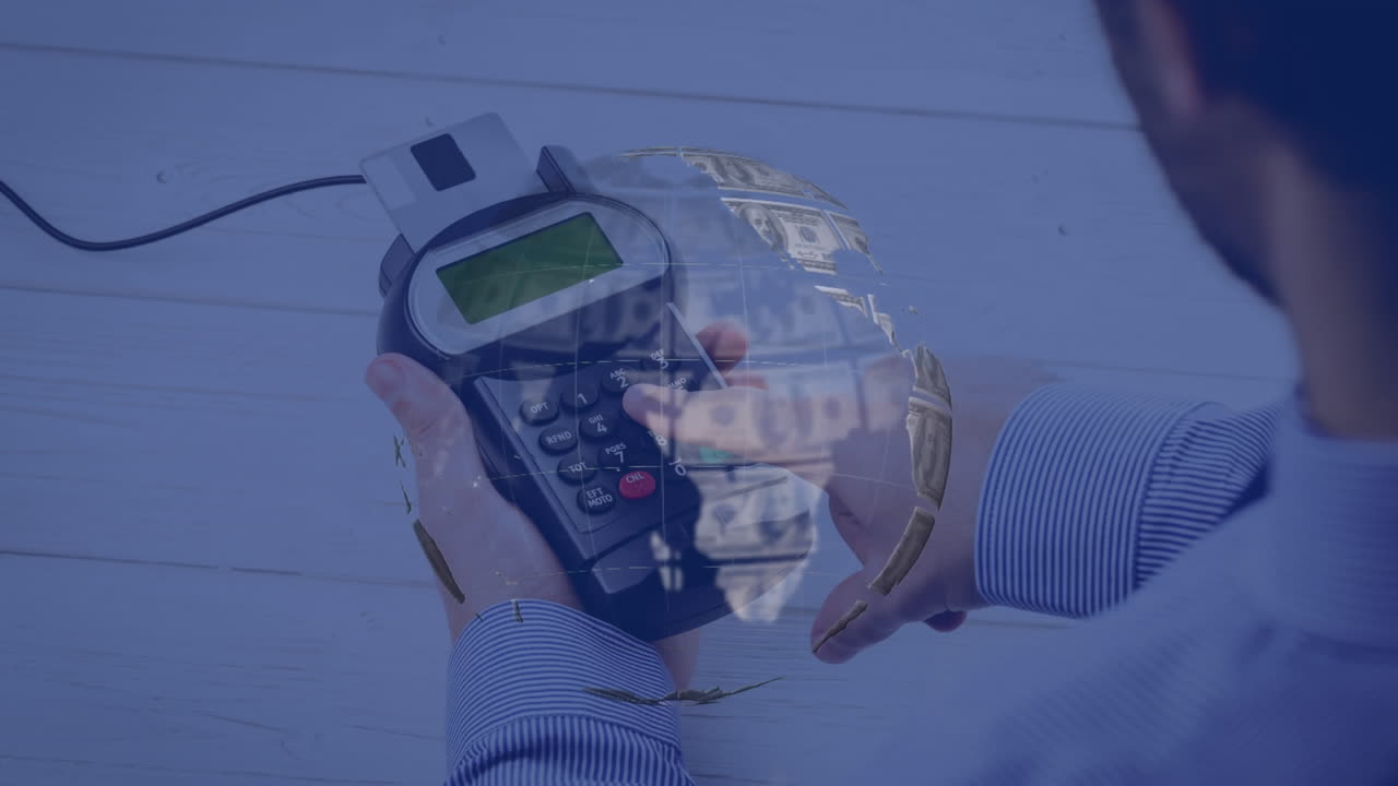 Animazione di globo formato con banconote di dollari americani su terminale di pagamento