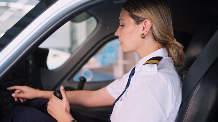 Giovane pilota donna sicura di sé che fa il segno del pollice in su e aziona i comandi nella cabina di pilotaggio