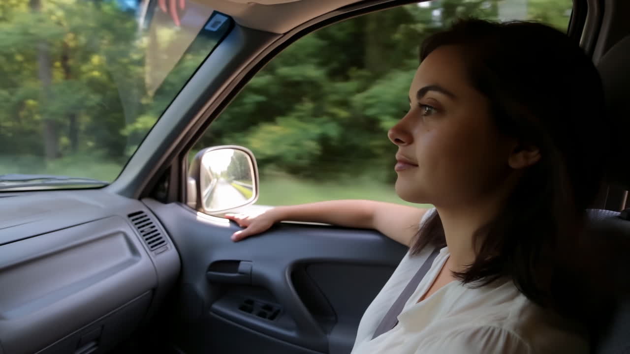 Giovane donna passeggera che guarda fuori dal finestrino dell'auto durante un viaggio in auto