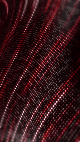 red waves from glowing round dots with binary code. dynamic movement and glow of the pattern. abstract looped background with bokeh. vertical video.