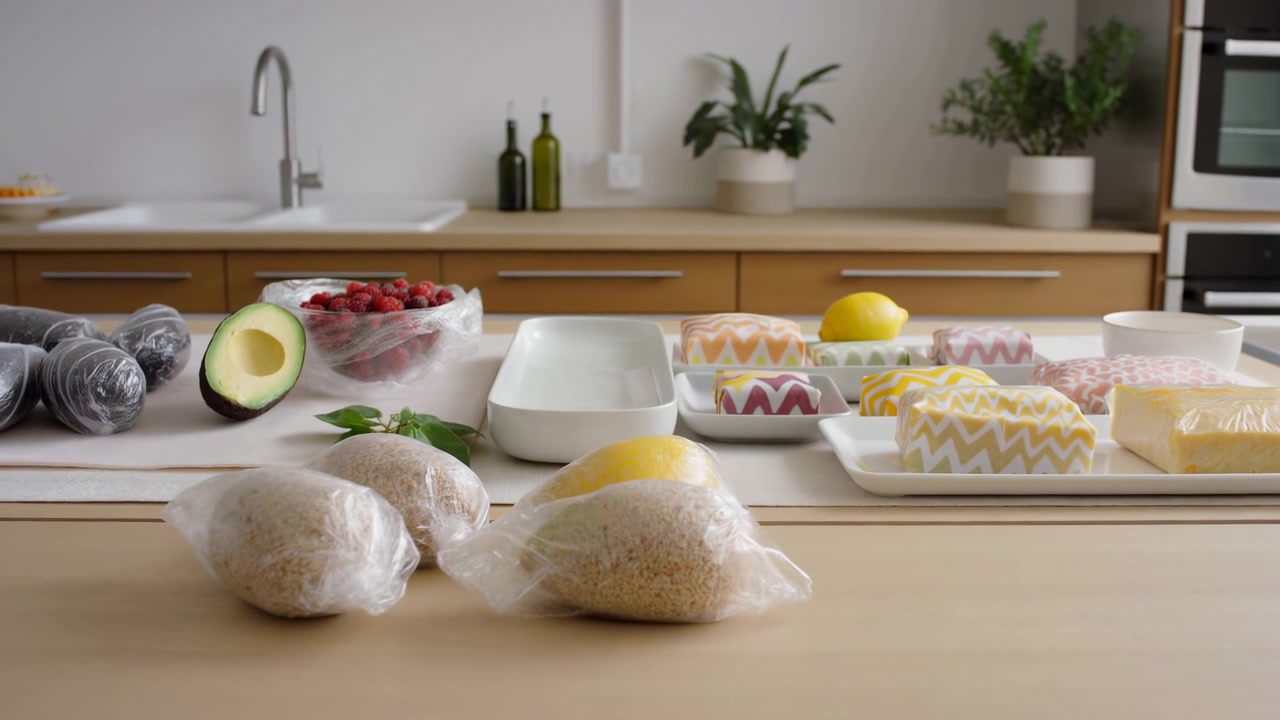 Pemandangan dapur dalam ruangan yang cerah dengan berbagai bahan kue, hasil bumi segar, beri-berian, alpukat, lemon, rempah-rempah, adonan, dan nampan makanan penutup tersebar di atas permukaan yang bersih