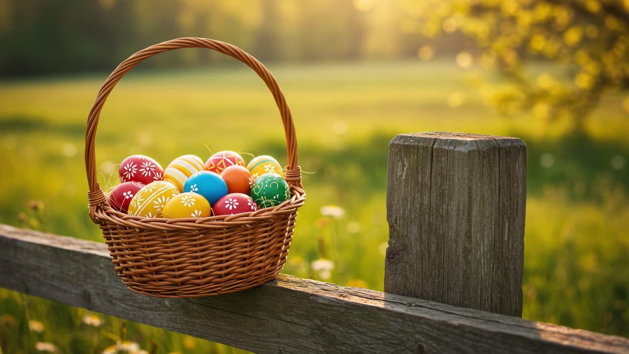 Colorful Easter Eggs in a Woven Basket Surrounded by Lush Greenery and Soft Lighting, Perfectly Capturing the Spirit of Spring and Festivity