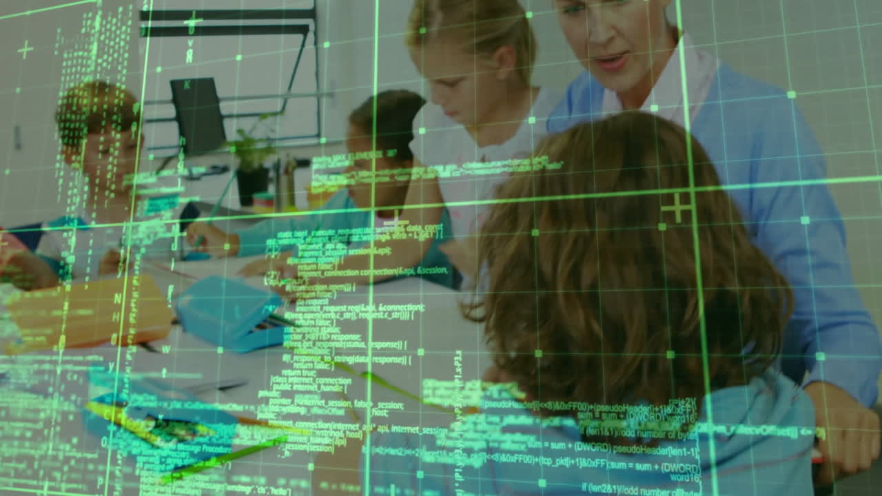Teacher leaning over students writing in classroom, showing laptop with AR code grid overlay