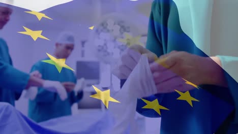 animation of eu flag over doctors during surgery