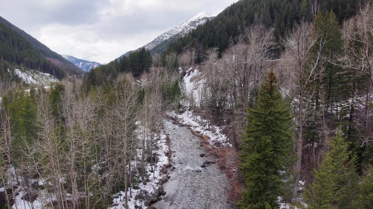 Aerial drone footage of a winding river flowing through a snowy mountain valley near Whitefish, Montana, lined with evergreen forests and bare trees in late winter